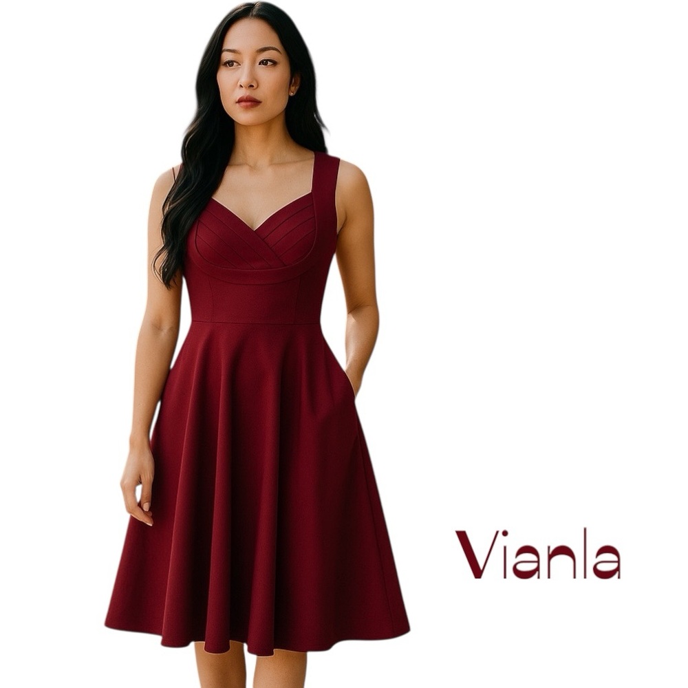 Vianla Burgundy Fit & Flare Pleated Sleeveless Dress NWT Size M